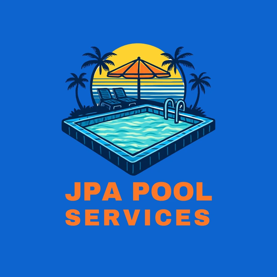 JPA Pool Services logo: a pool under palm trees at sunset